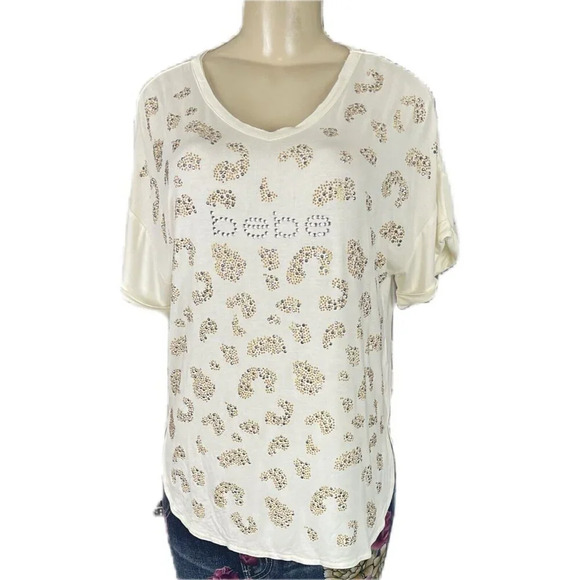 Bebe L Cream Metallic Studded Animal Print Design Logo-V-Neck Short Sleeve Top - Picture 2 of 6